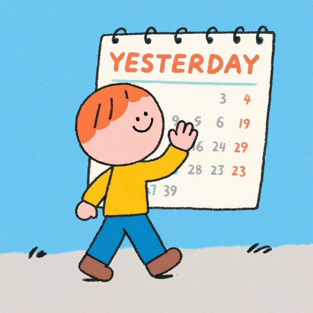 Un personnage de dessin animé faisant un signe d'adieu en s'éloignant d'un calendrier montrant la date d'hier.