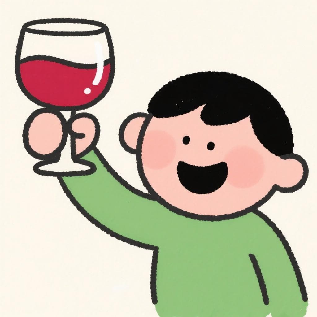 A friendly cartoon person happily holding a glass of red wine.