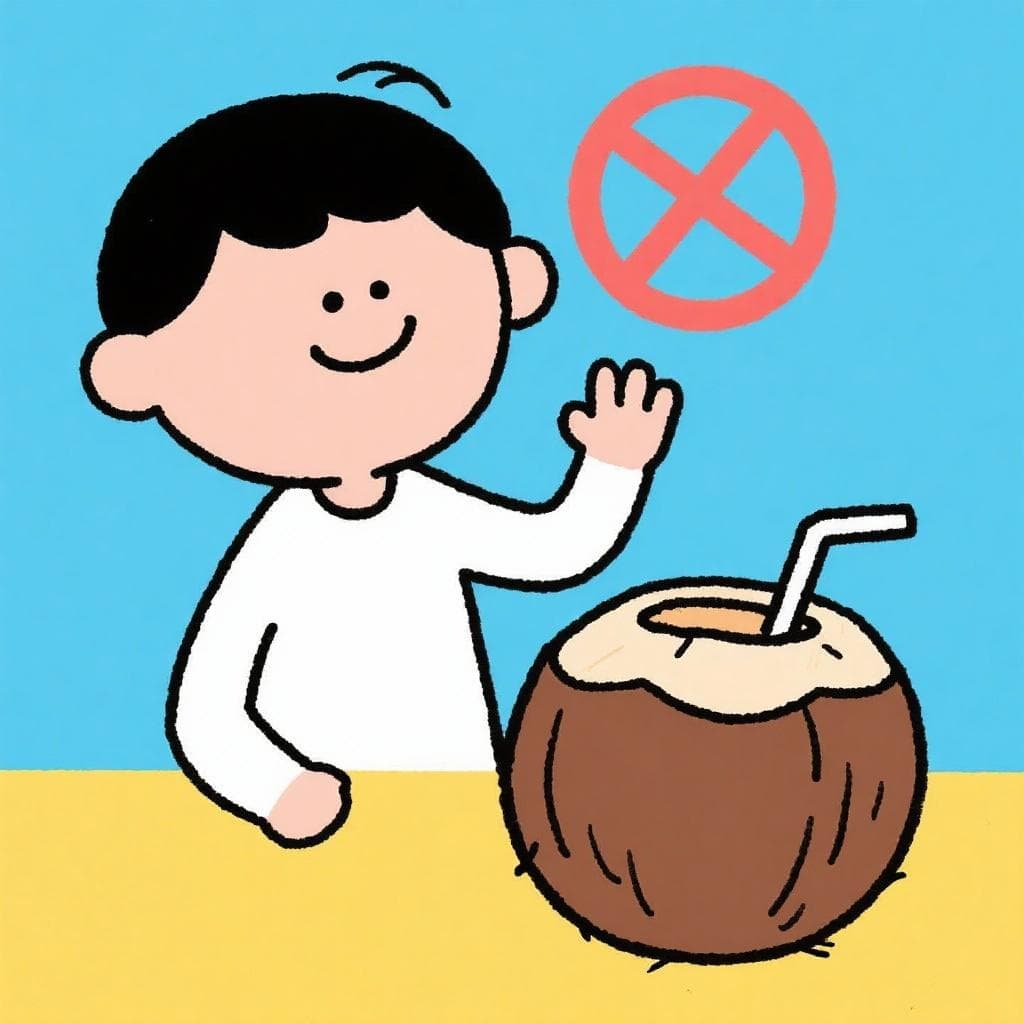 A cartoon person shaking their head 'no' at a coconut being offered to them.