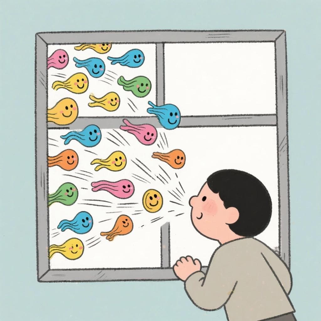 A cartoon scene of a person seeing twenty swirling wind characters approaching.