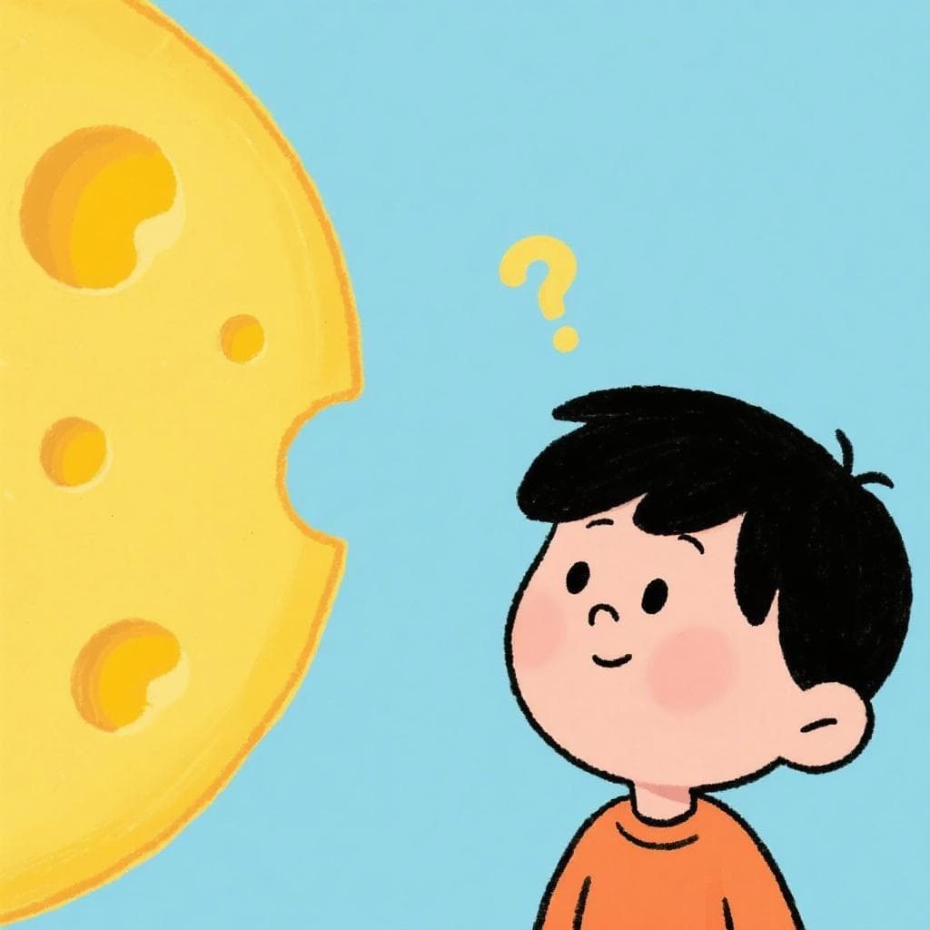 A cartoon boy named Quico looking thoughtfully at a large wheel of cheese with a question mark above his head.