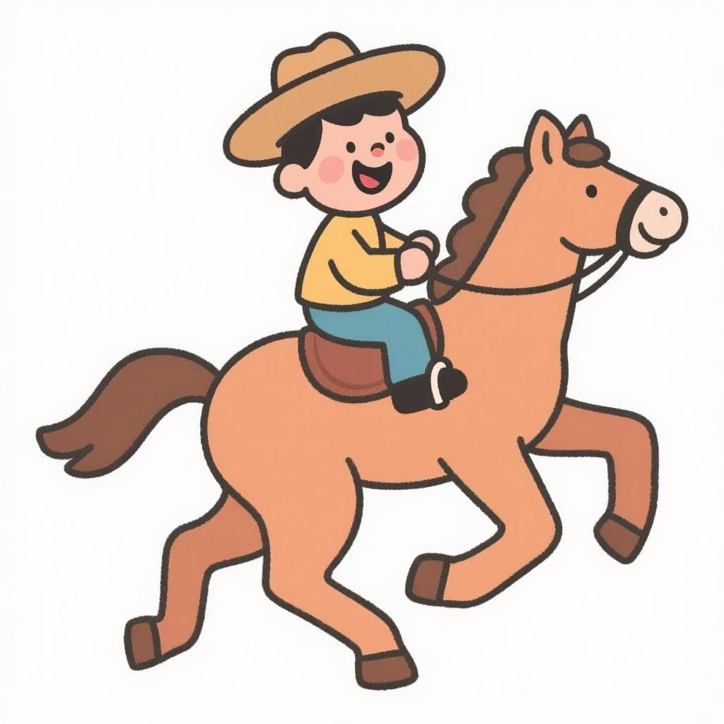 A cartoon horseman happily riding a galloping horse across a field.