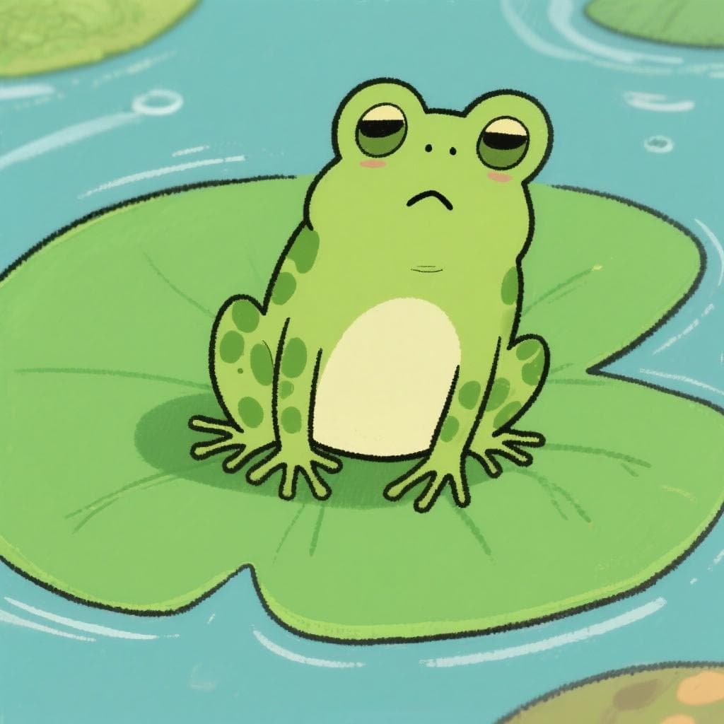 Um sapo solitário, de desenho animado, sentado sozinho em uma vitória-régia com aparência pacífica.