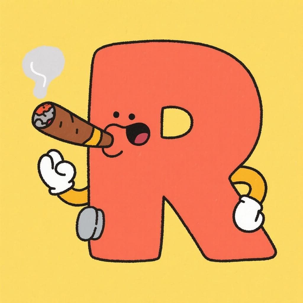 Una simpatica lettera 'R' dei cartoni animati con viso e braccia, che tiene un sigaro.