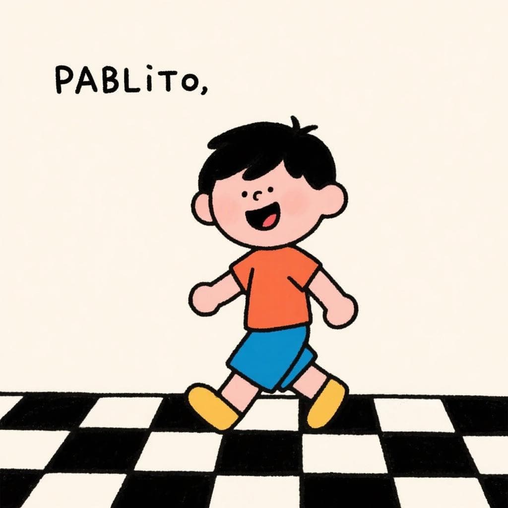 A cartoon drawing of a little boy named Pablito happily stepping on a checkered floor.
