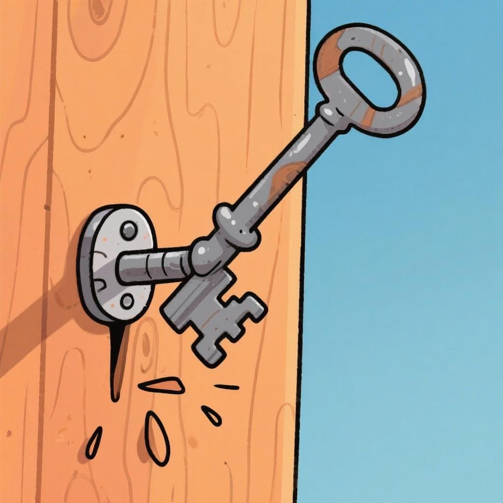 Una chiave dei cartoni animati che cade da un chiodo piantato in un muro di legno.
