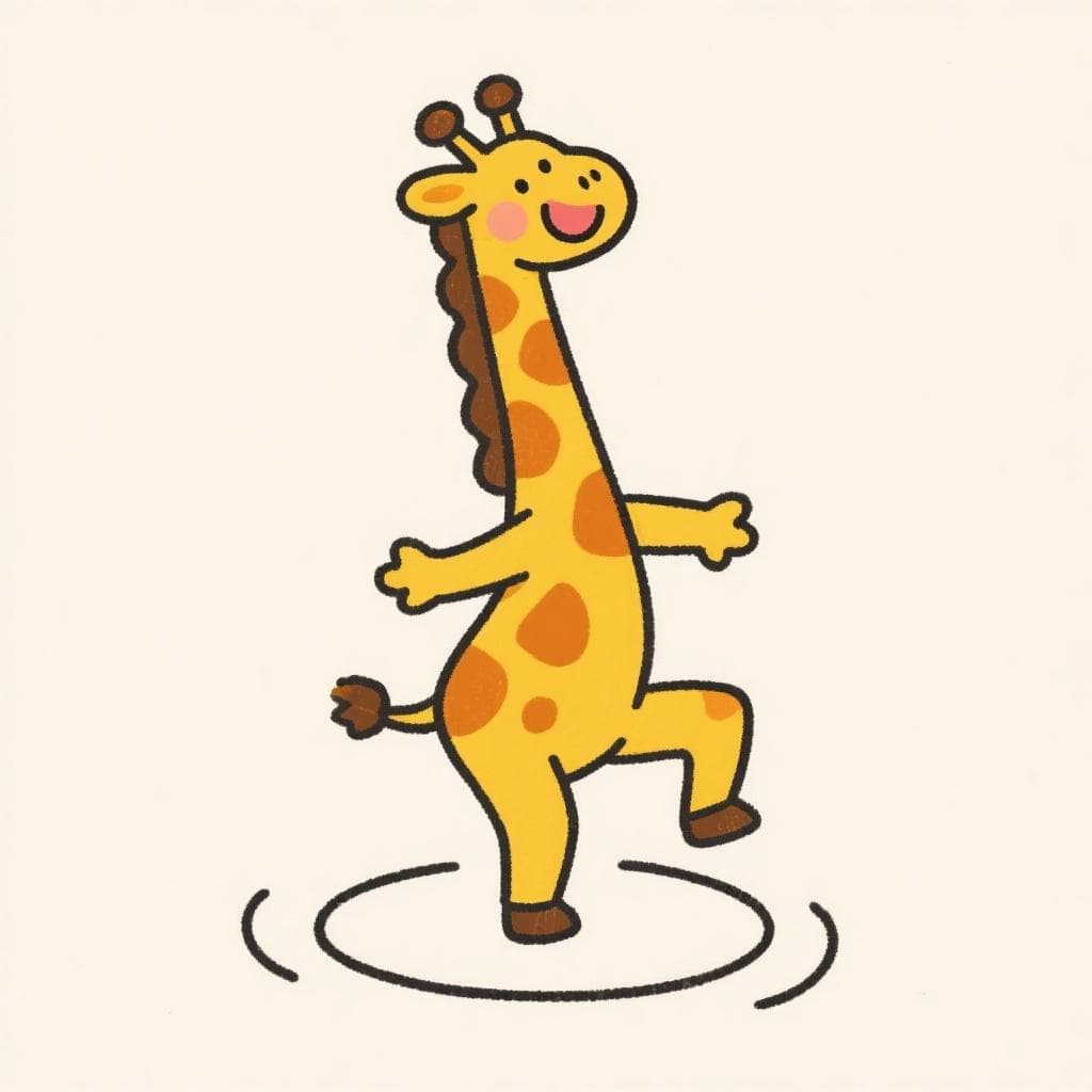 A happy cartoon giraffe spinning around like a ballerina.