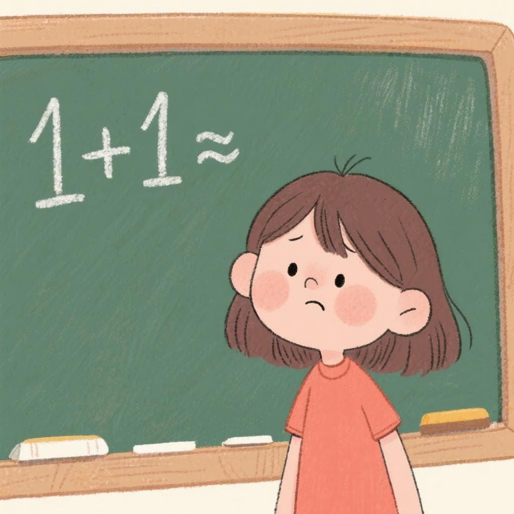 A cartoon girl named Susi looking confused at a chalkboard with simple math problems.