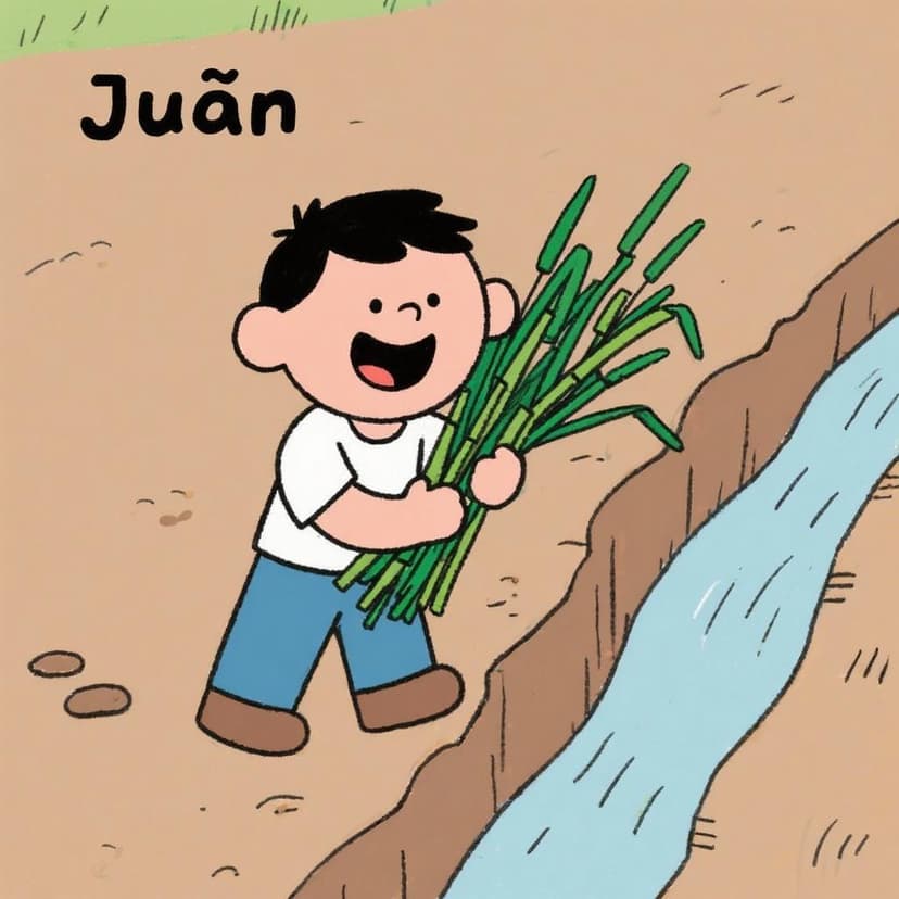 Juan junta juncos junto a la zanja.