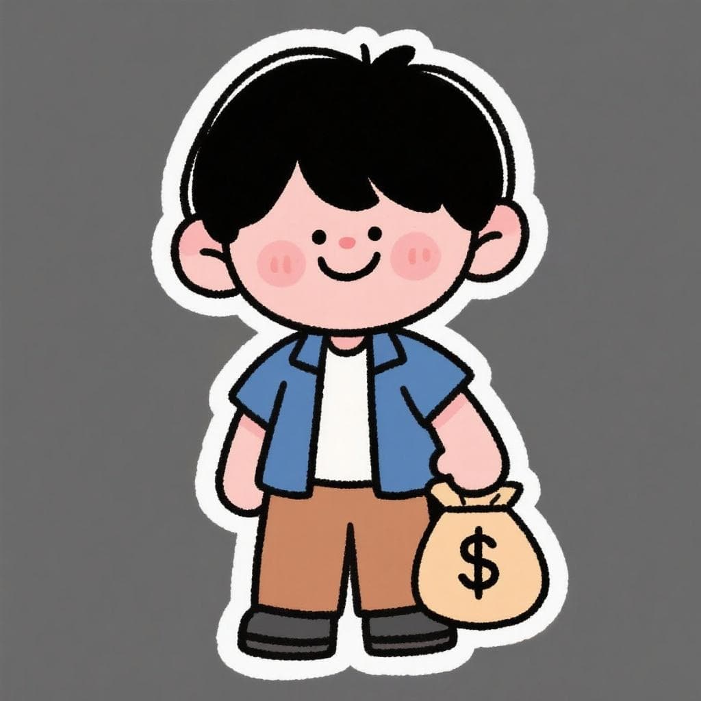 A cartoon of a rich boy named Paco Peco smiling and holding a bag of money.