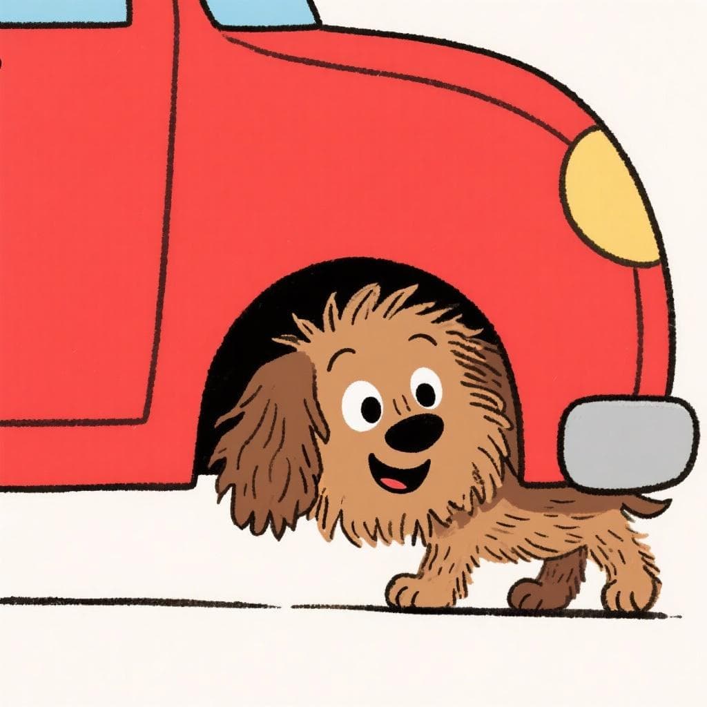 A friendly cartoon dog peeking its head out from underneath a red car.