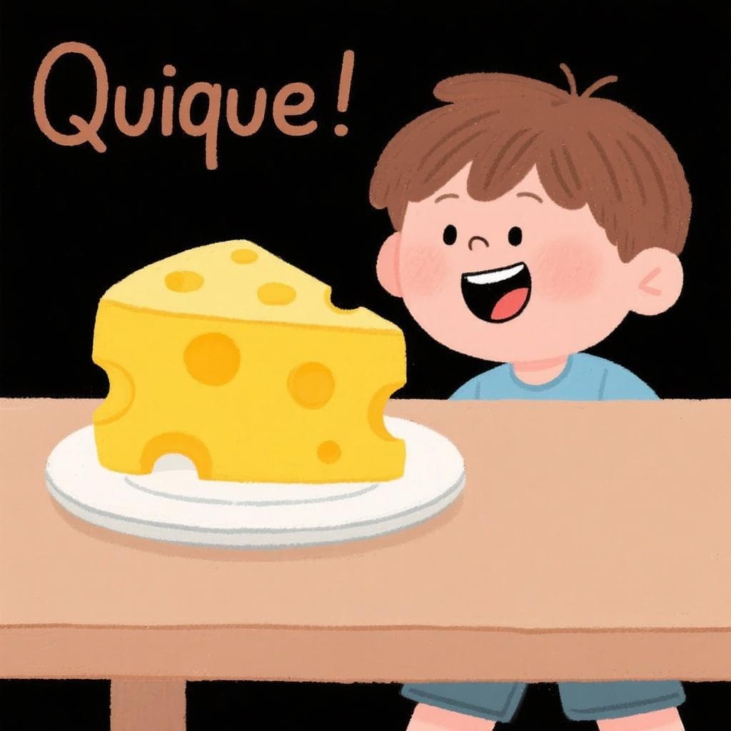 A happy cartoon boy named Quique looking at a large wedge of cheese.