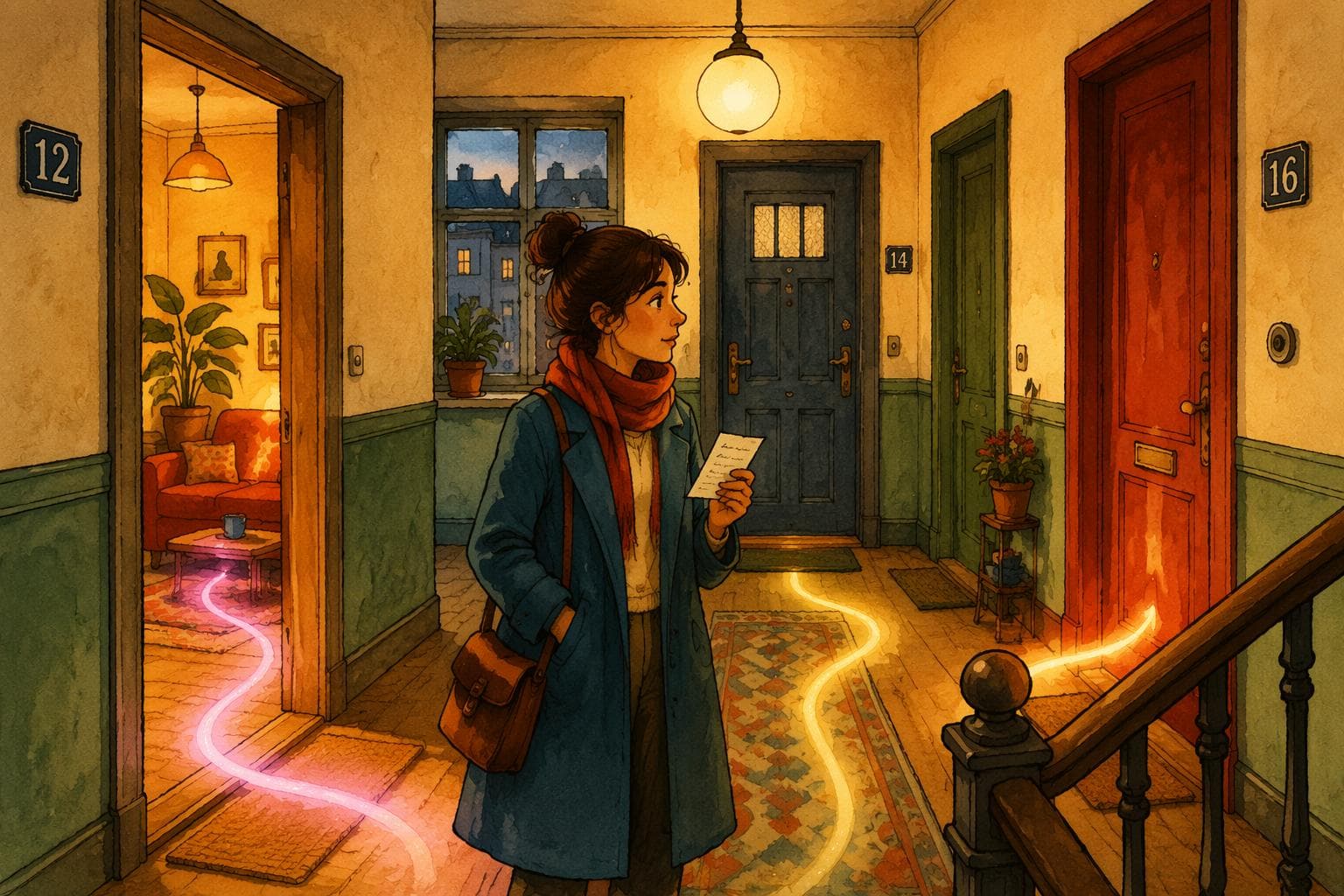 A learner choosing between apartment doors, with subtle paths suggesting location and destination.